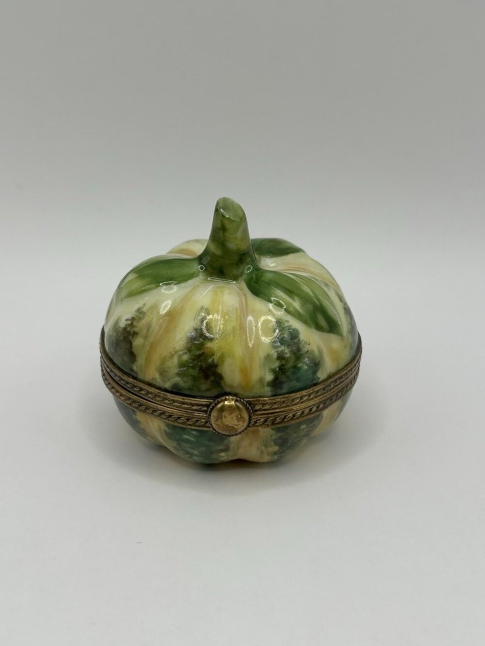 Limoges France Pumpkin Squash Trinket Box Peint Main Hinged Porcelain Green Gift - Picture 16 of 16